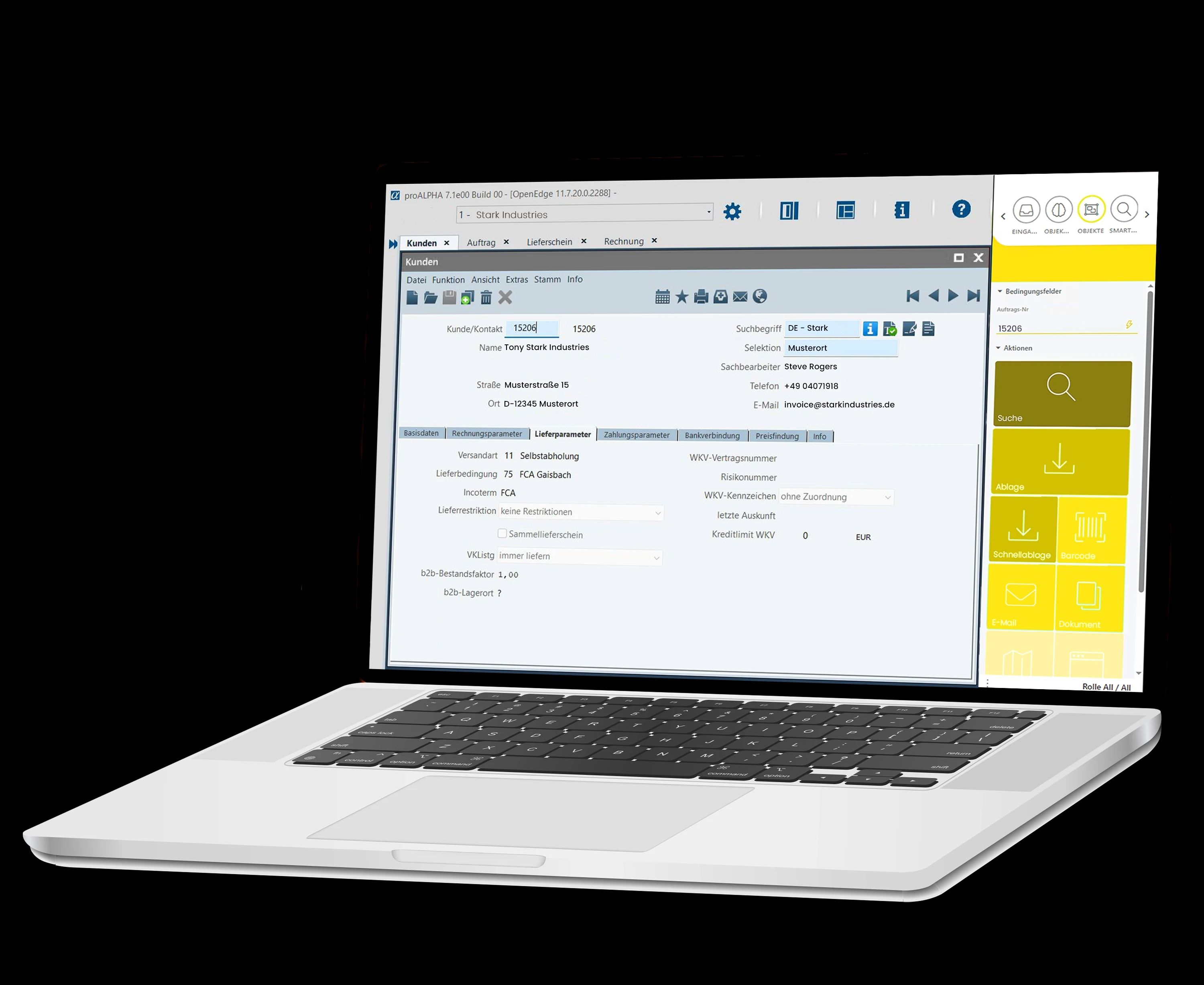 Laptop mit geöffneter ERP‑Maske und ELO BLP‑Integration – digitale Lösung zur automatisierten Datenverarbeitung und Prozessverknüpfung zwischen ERP‑ und DMS‑Systemen.
