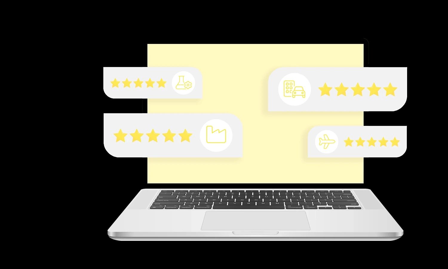 Laptop mit digitalen Bewertungssymbolen und Sternen – Darstellung von Branchenerfolg, Qualitätsbewertung und digitalem Feedbackmanagement.